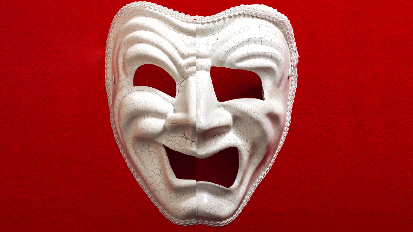 A theatre mask: 1/2 smiling; the other frowning