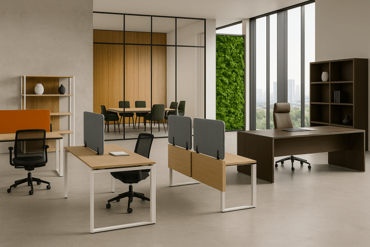 Modern corporate office interior by Cedrus International showcasing modular desks, ergonomic chairs, executive desk, glass partitions, and a green living wall in a luxury workspace.