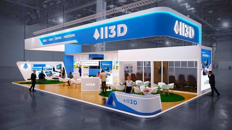Custom exhibition stand design and build in Riyadh by Cedrus International showcasing modern architecture and branding
