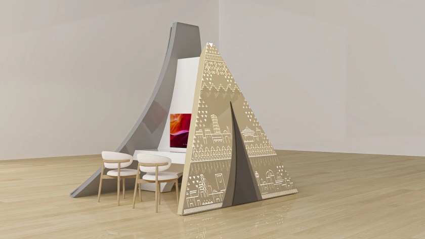 3D study of the Forum exhibition booth by the House of Ci, sand colourway: the daylight face, with its own screen and seating