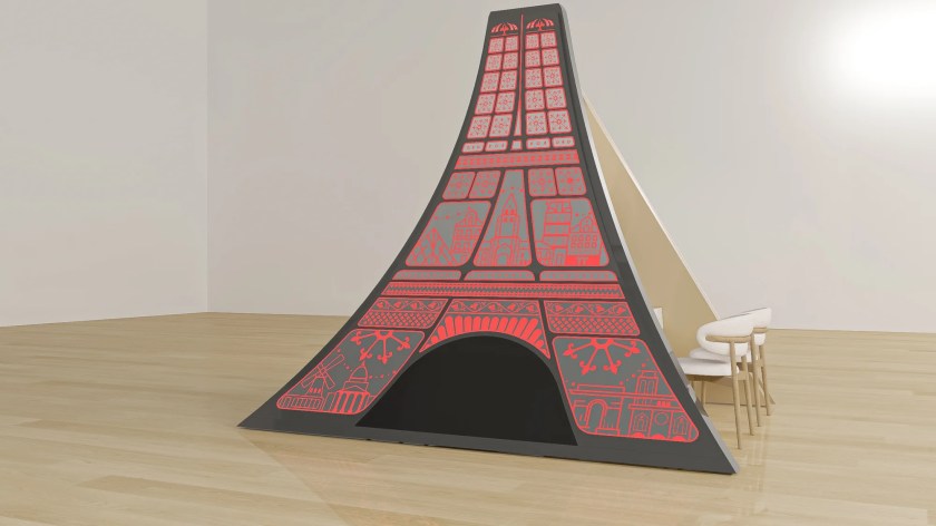 3D study of the Forum exhibition booth by the House of Ci, red colourway: the French face, second color