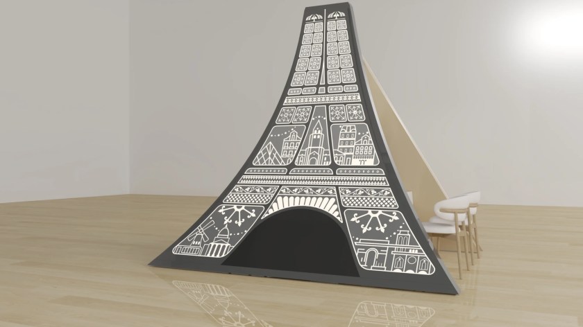3D study of the Forum exhibition booth by the House of Ci, white colourway: the lattice of Paris and Riyadh in plain white