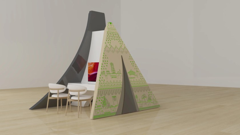 3D study of the Forum exhibition booth by the House of Ci, green colourway: the Saudi face