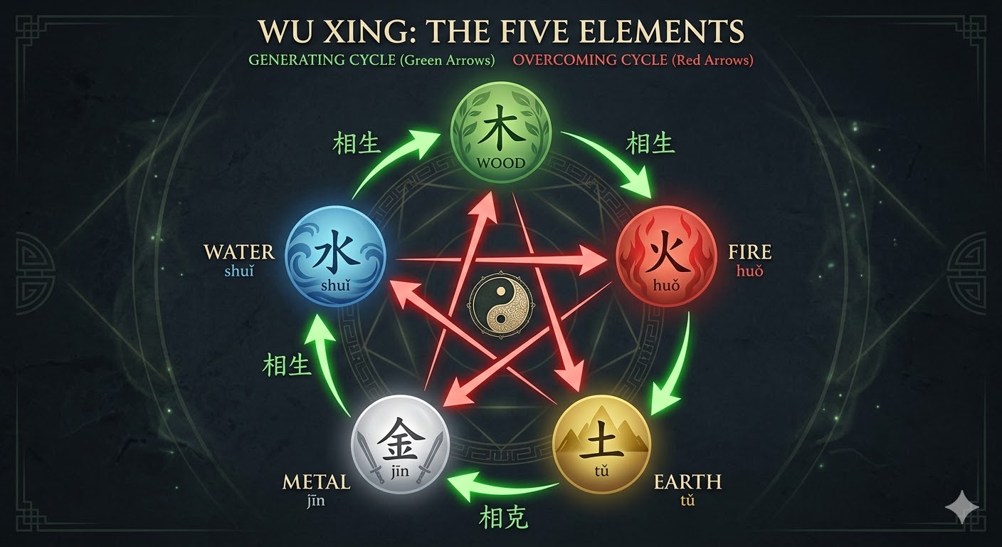 Wu Xing Five Elements generating and overcoming cycle