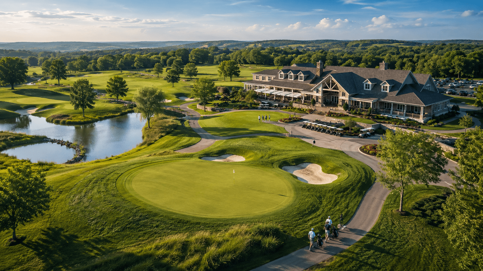 Aerial view of a golf course with green fairways, pond, sand bunkers, clubhouse, golf carts, and players walking on a sunny day.