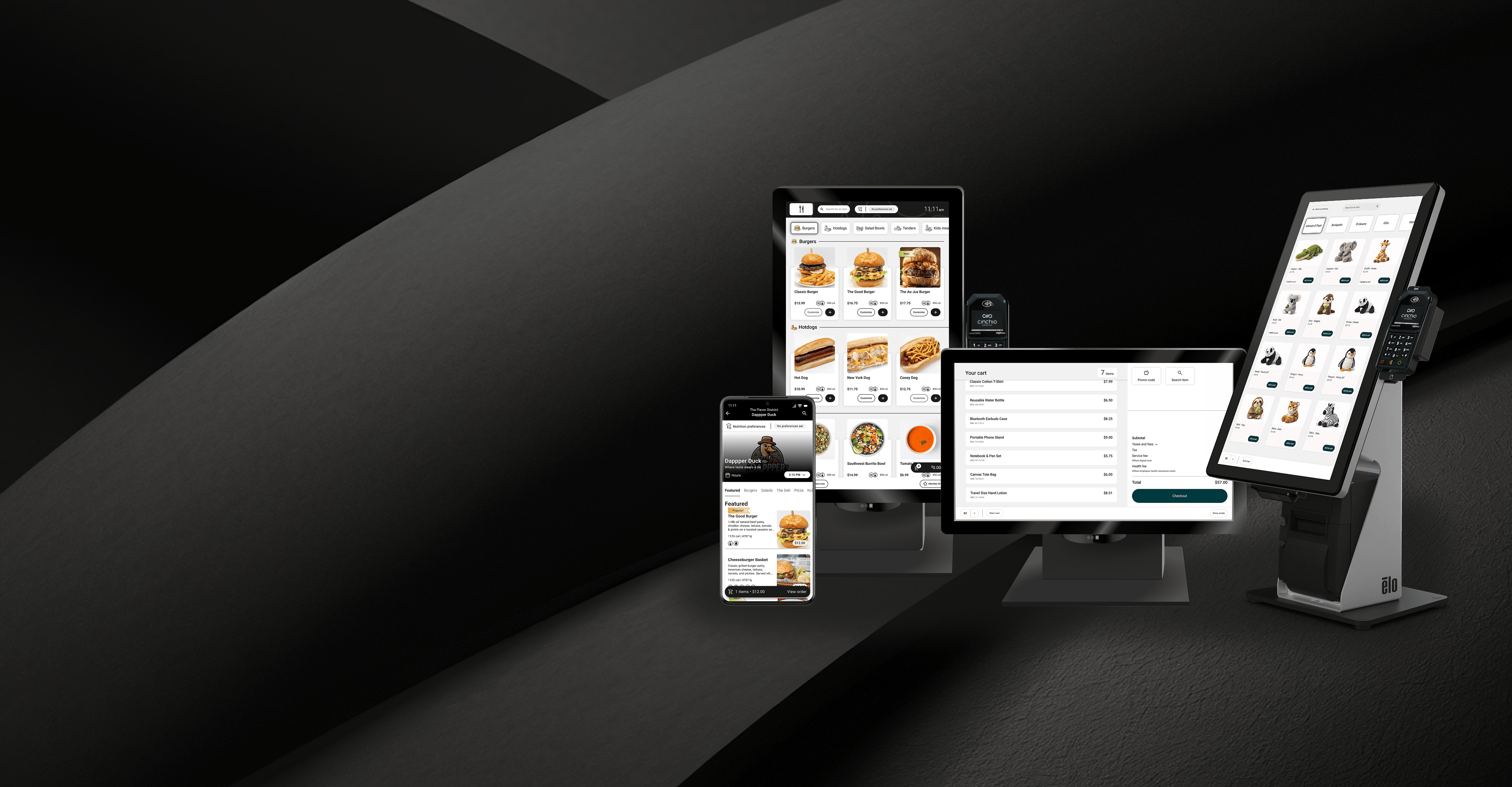 Mobile phone, kiosk terminals, and cart screens display digital ordering interfaces against a dark gradient background with sleek, modern layered shadows.