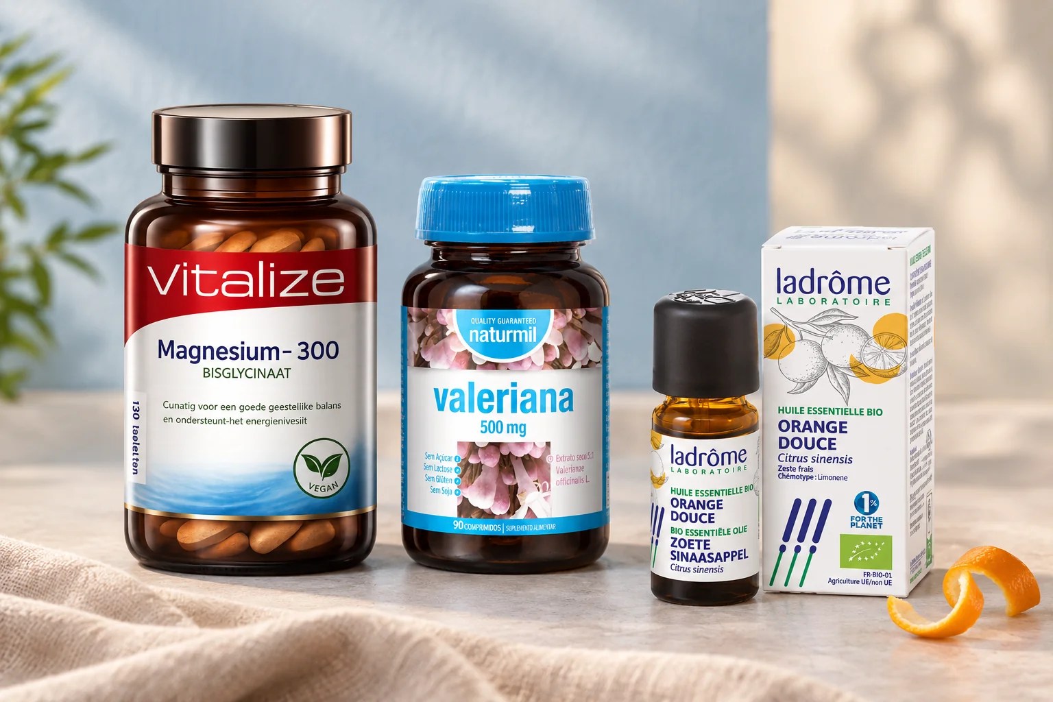 Magnésio Bisglicinato, Valeriana Naturmil e Óleo Essencial de Laranja Doce Bio Ladrôme reunidos num cenário suave