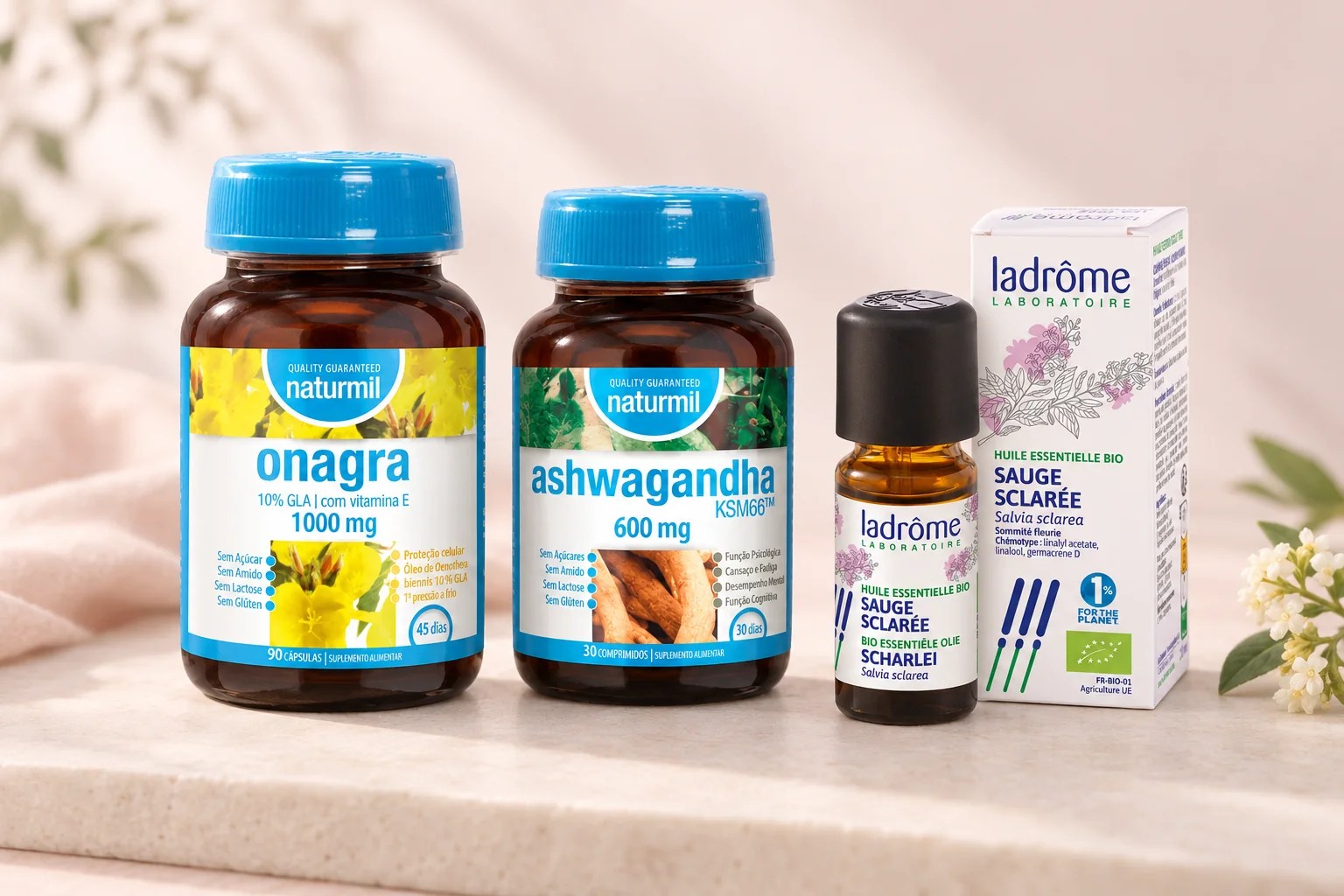 Onagra e Ashwagandha Naturmil com Óleo Essencial de Salva Esclareia Bio Ladrôme, apresentados juntos