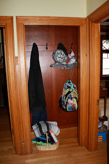 Before: Exposed coat storage in 2nd alcove (this actually looks better than usual as clutter is minimal with the kids at camp!)