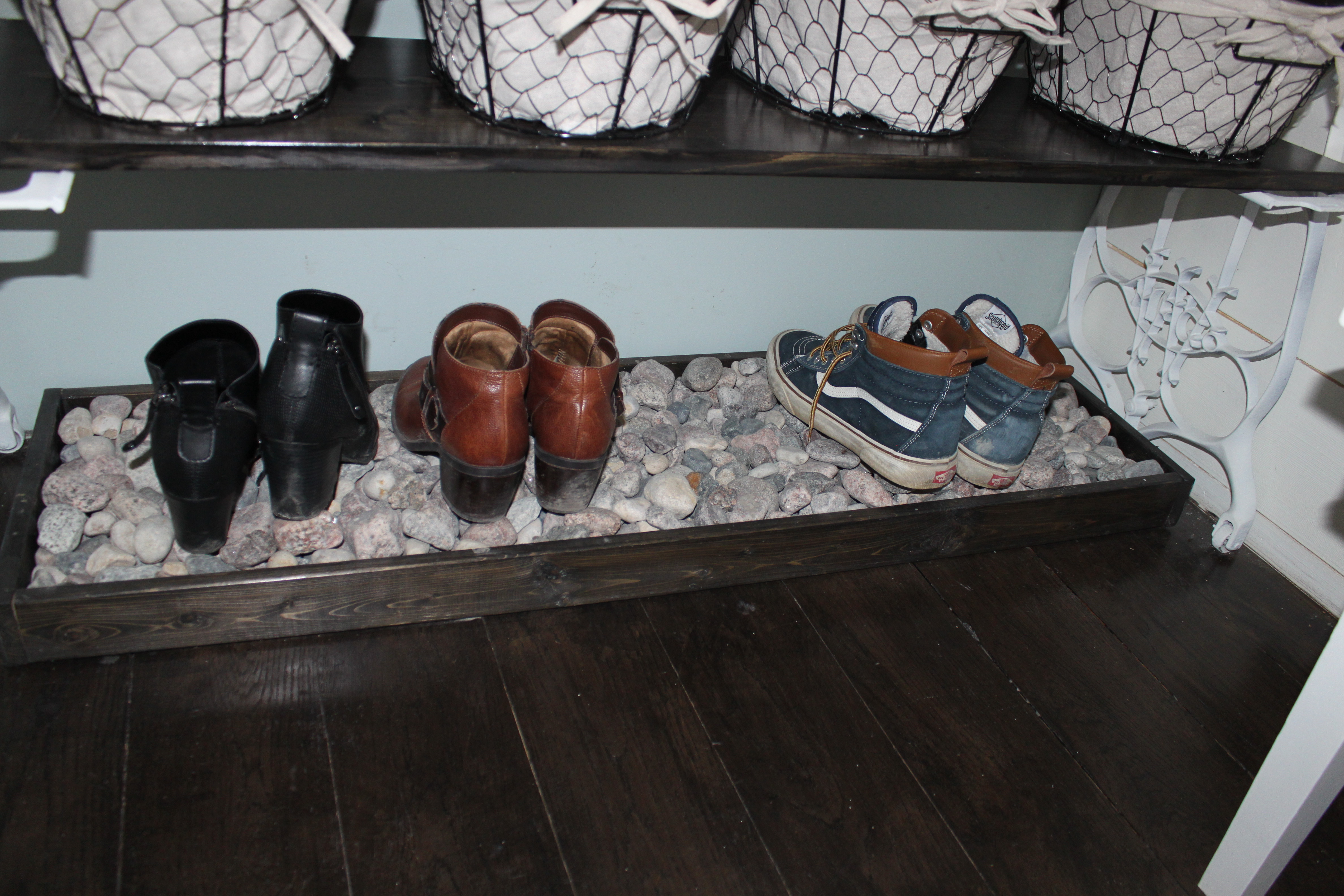 Wooden Boot Tray with River Rock