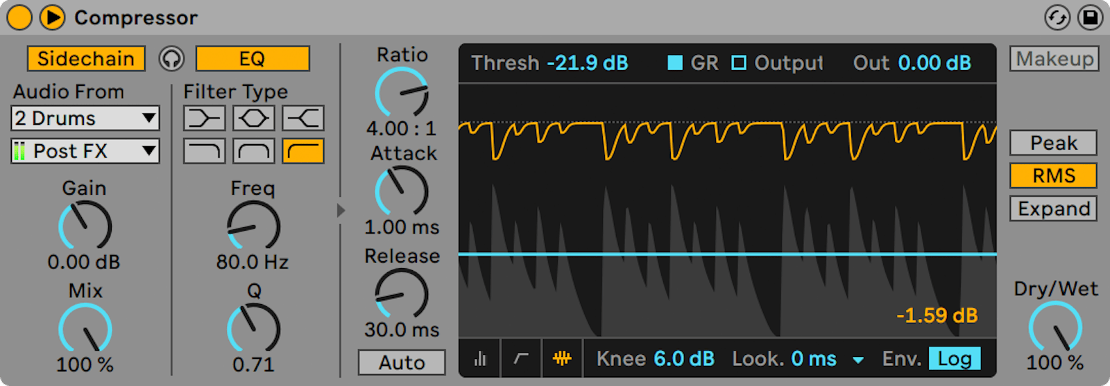 Interfaz de Ableton utilizada para ilustrar compresión sidechain y ducking.