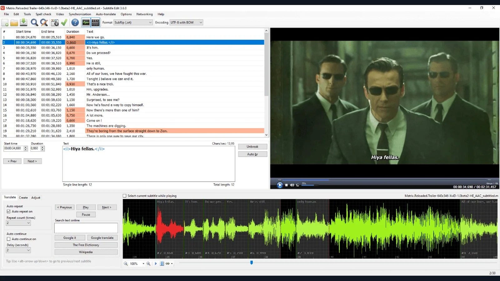 Interfaz de Subtitle Edit con línea de tiempo y forma de onda