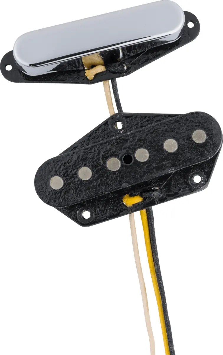Dos pastillas single-coil con imanes, bobina y cables visibles.