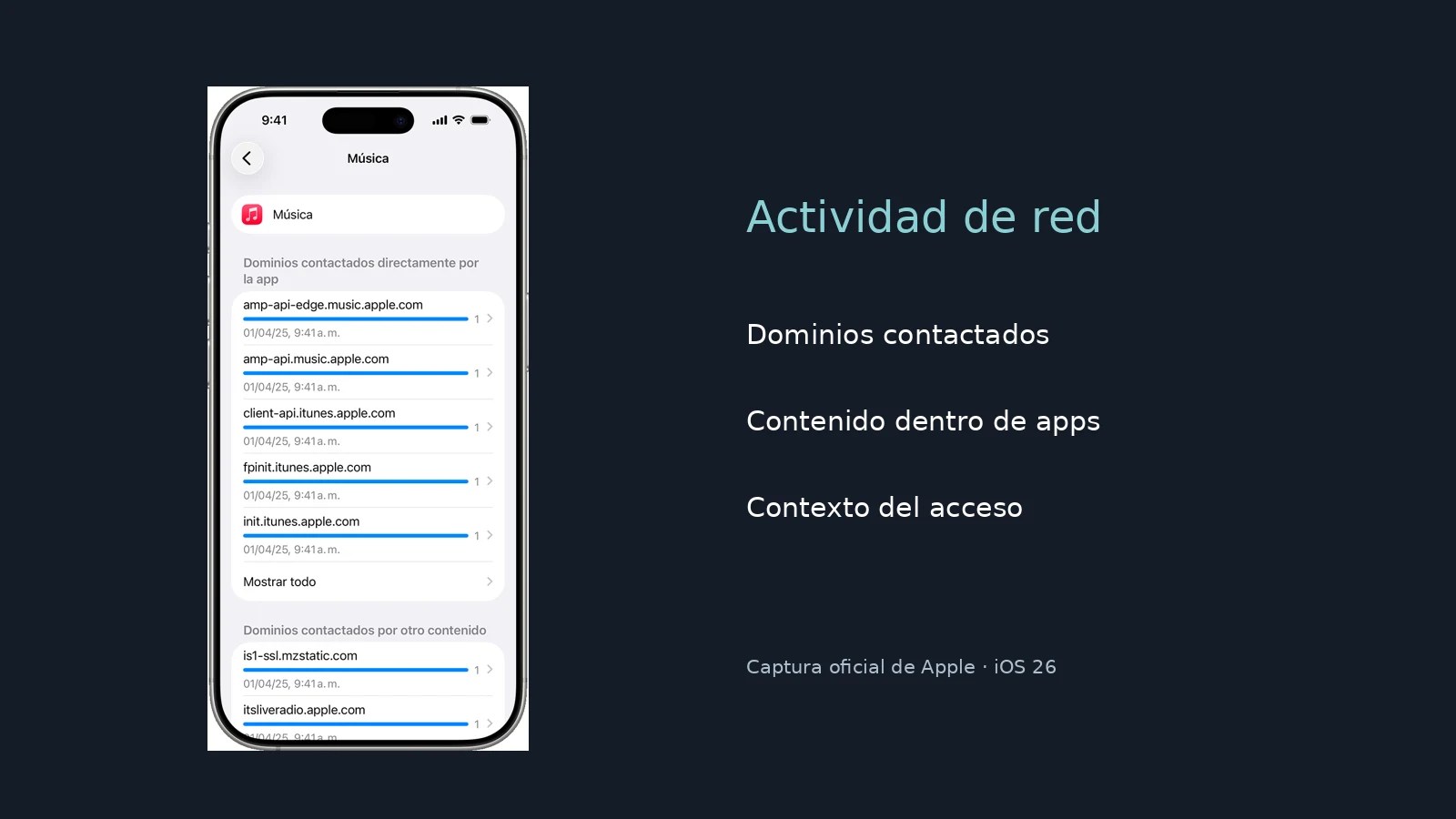 Reporte de Apple sobre dominios contactados por una aplicación