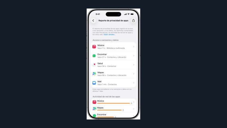 Captura oficial del resumen del Reporte de privacidad de apps en iOS 26