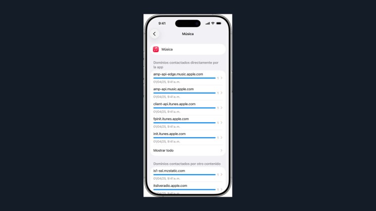 Captura oficial de actividad de red de Música en el reporte de iOS 26