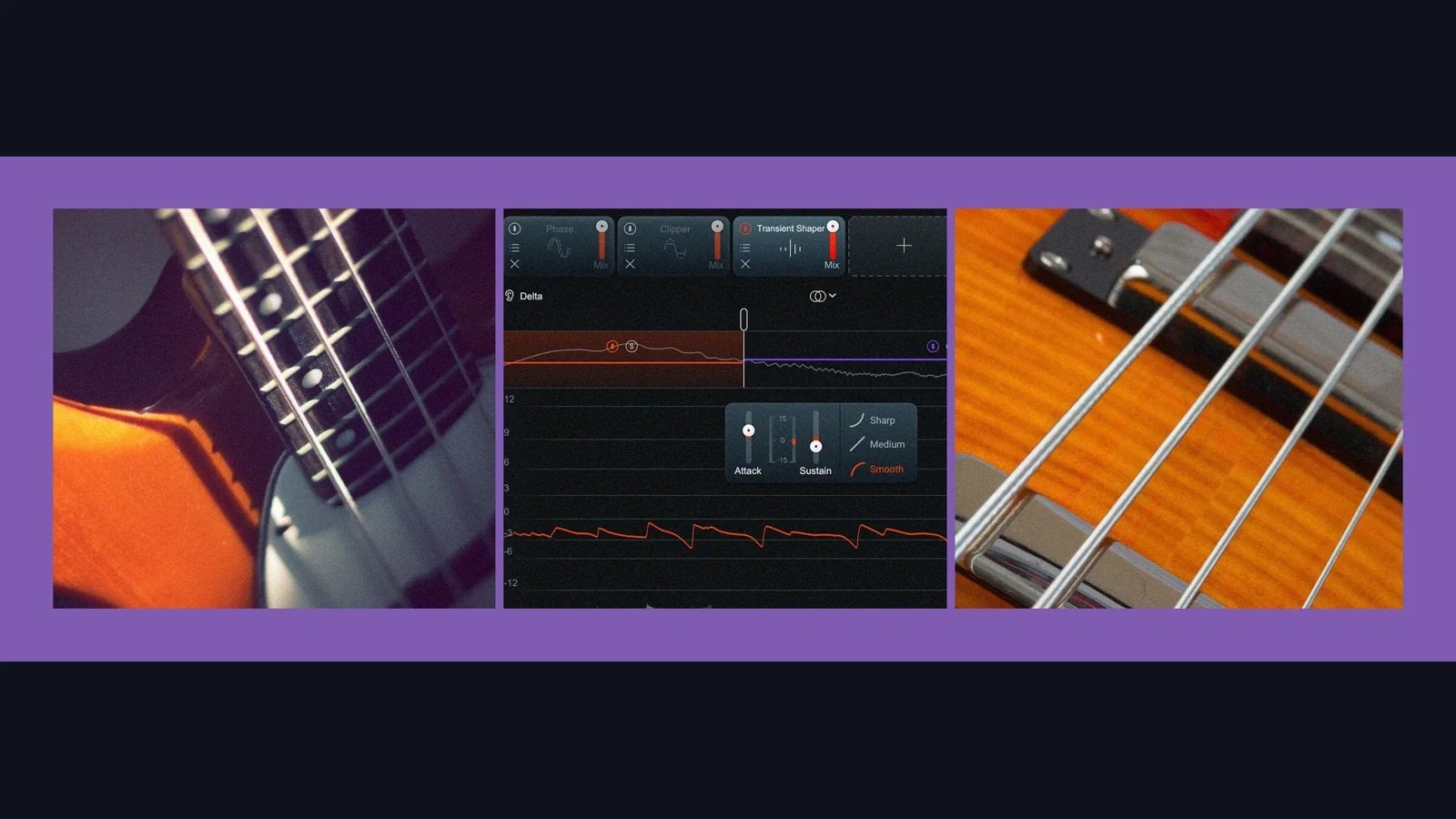 Montaje editorial de bajo eléctrico y software de mezcla