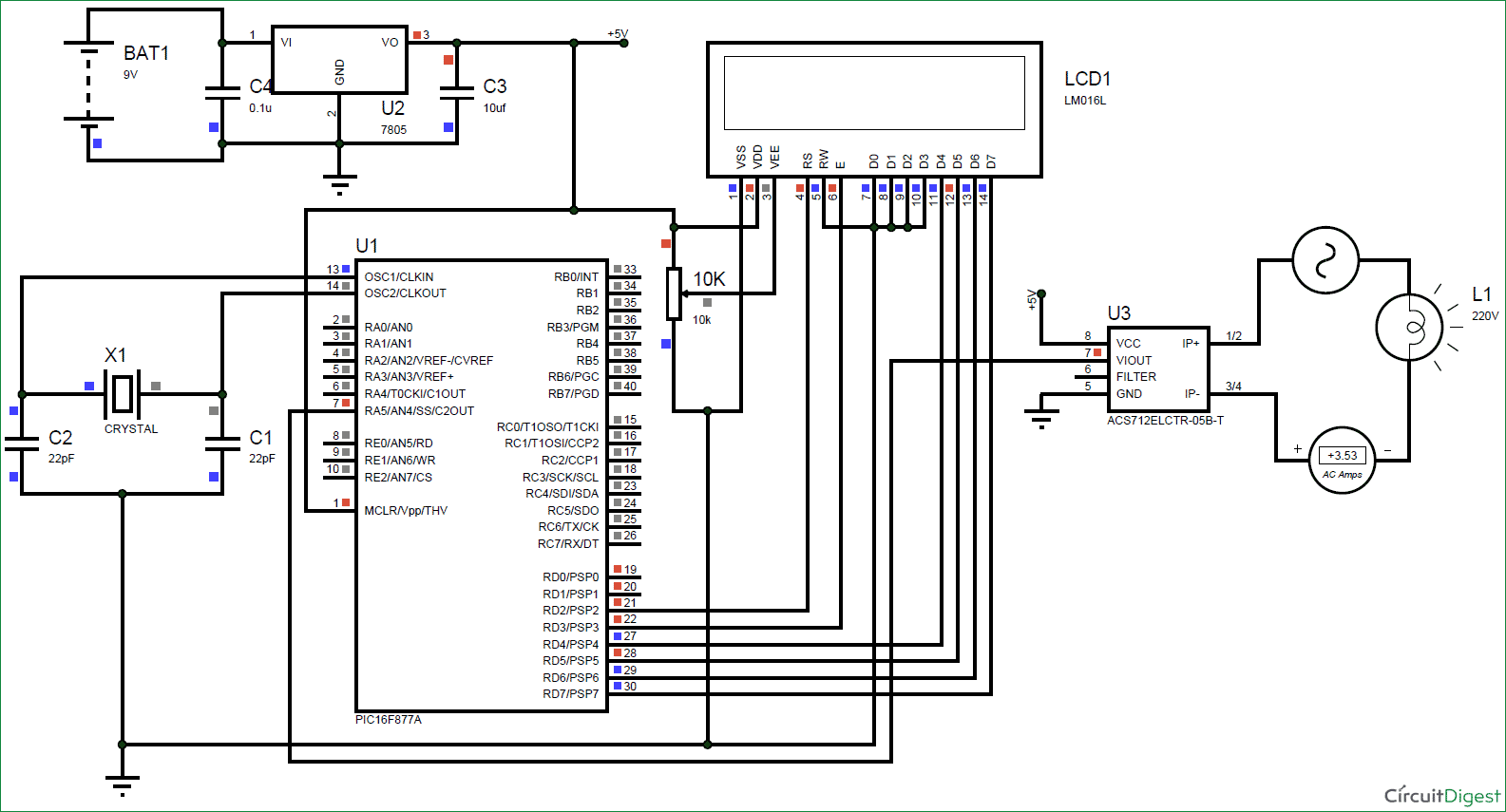 Digital Ammeter Circuit Using Pic Microcontroller And Acs712