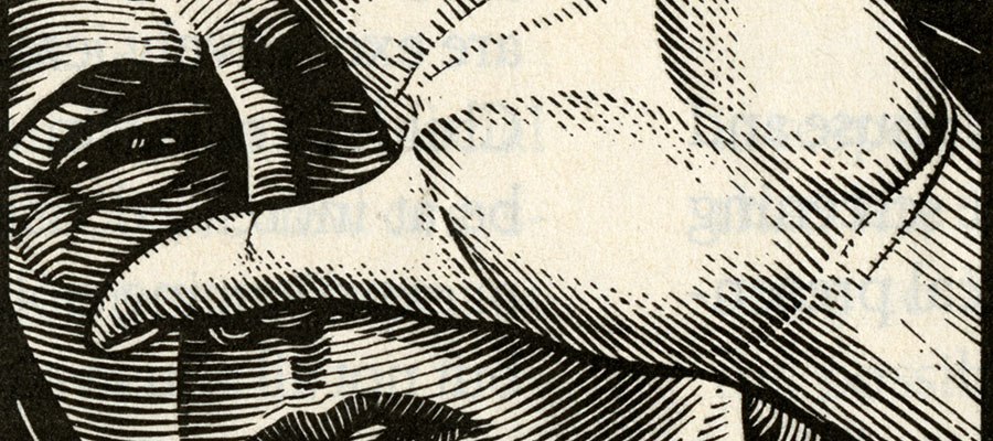 Detail of engraving style illustration of a woman holding up a hand in defense.