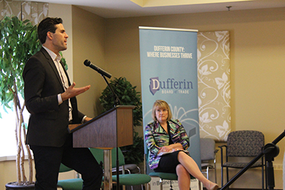 KARL BALDAUF of the Ontario Chamber of Commerce discusses the potential implications of Bill 148 with locals at the Lord Dufferin Centre on Tuesday. He was joined by Dufferin-Caledon MPP Sylvia Jones.