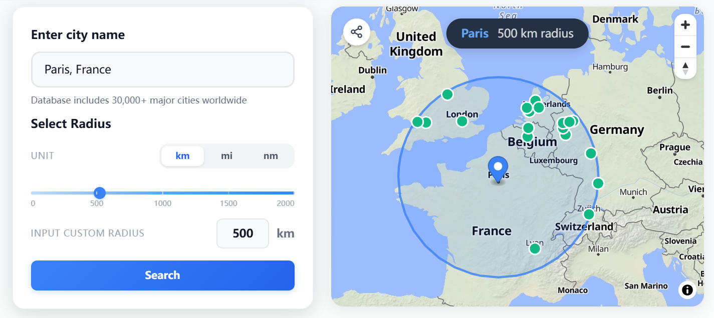 Free Radius Map Tool Find Cities By Distance City Distance Radius Visualizer 