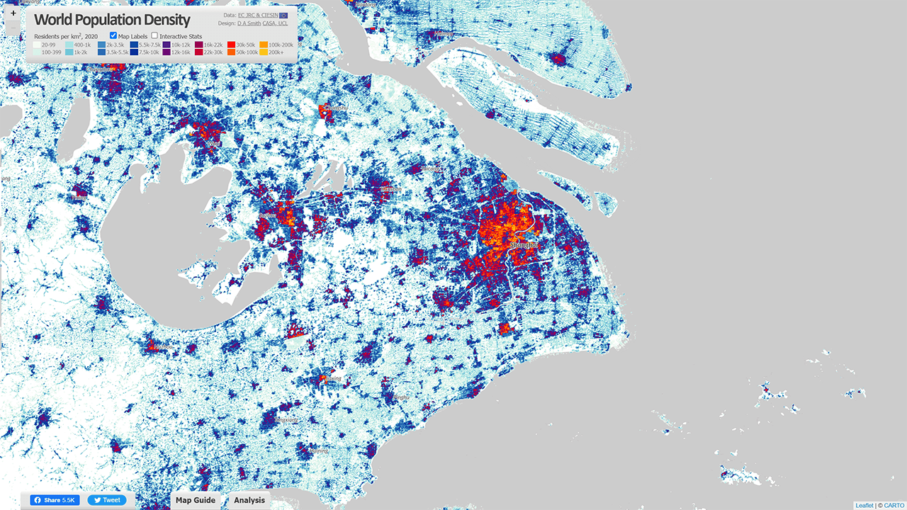 World Population Density Map Update With GHSL 2023 Shanghai 