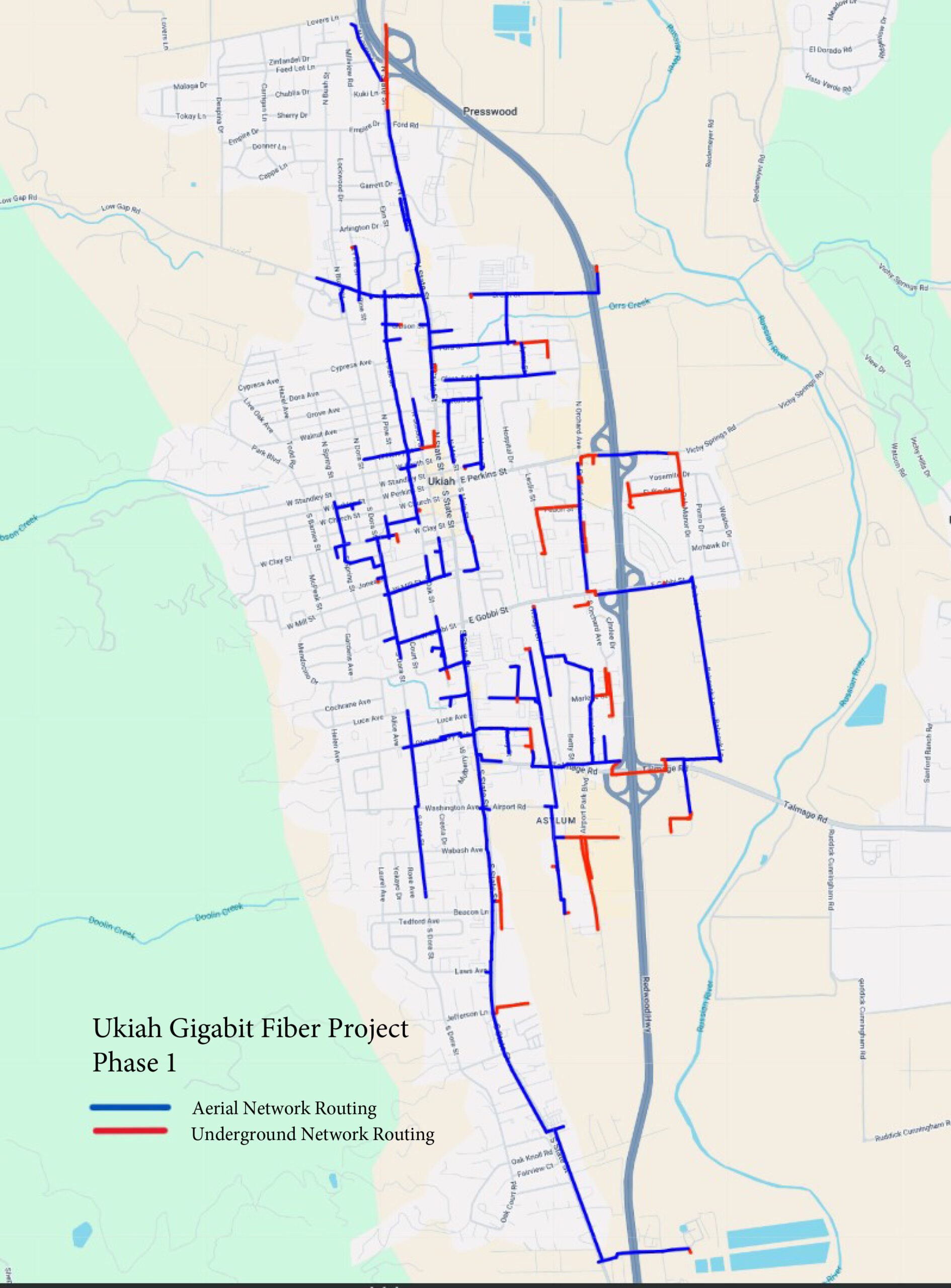 Ukiah Gigabit Fiber Project City Of Ukiah CA Ukiah Gigabit Fiber Project Routing Map Scaled 
