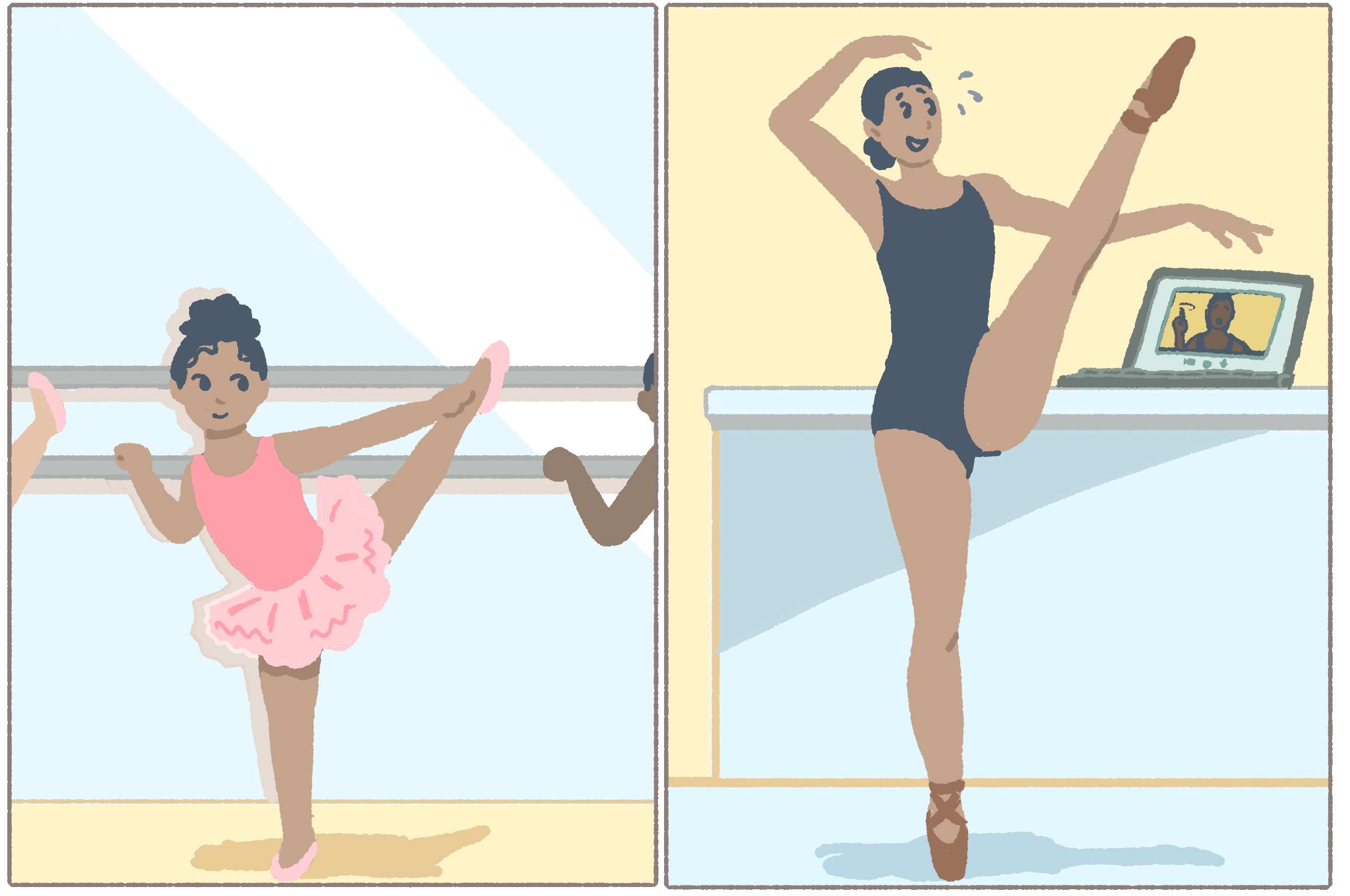 A child practicing ballet in a dance studio as a child juxtaposed with her dancing at home with online instruction.