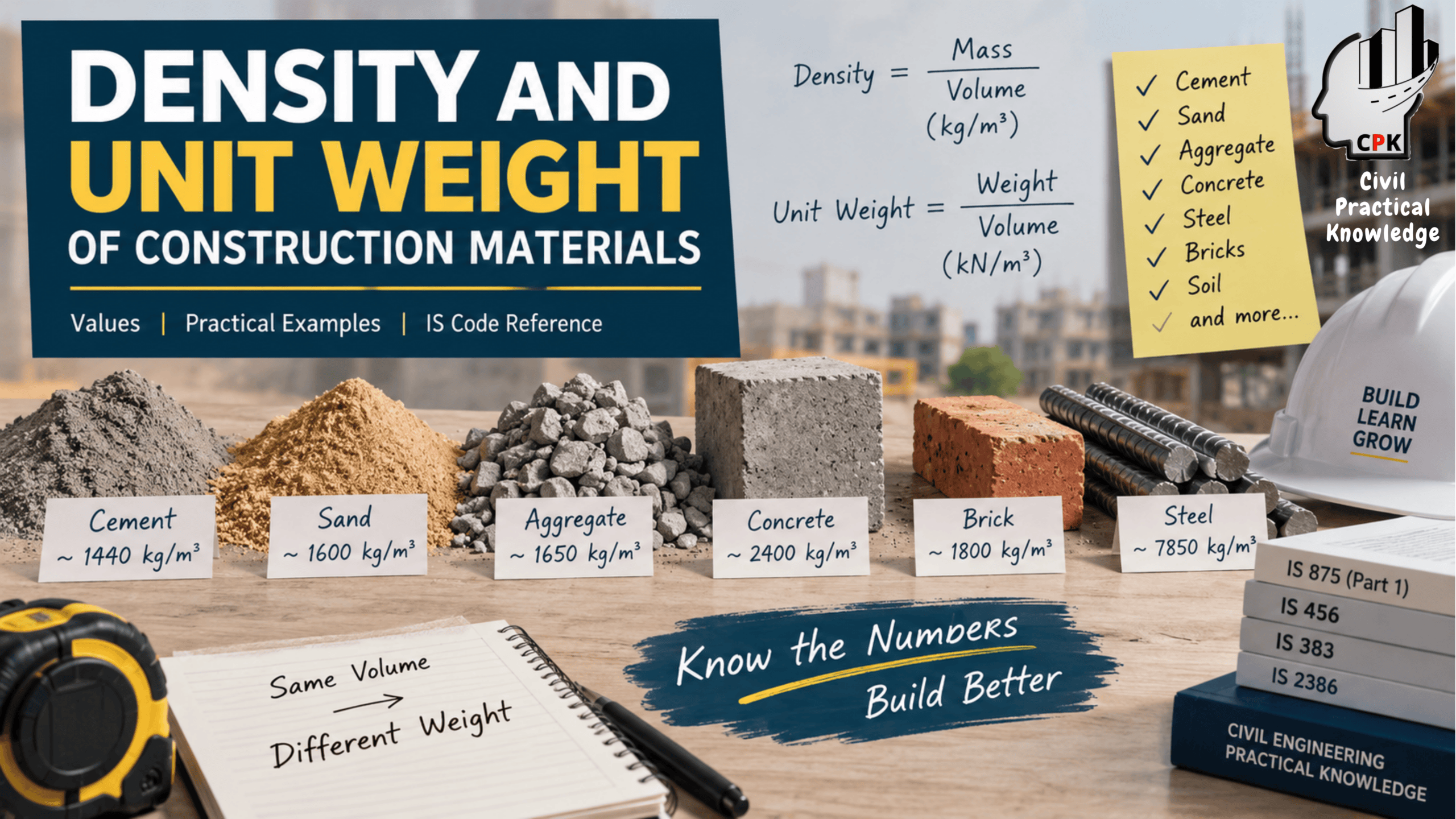 Density and unit weight for civil construction materials