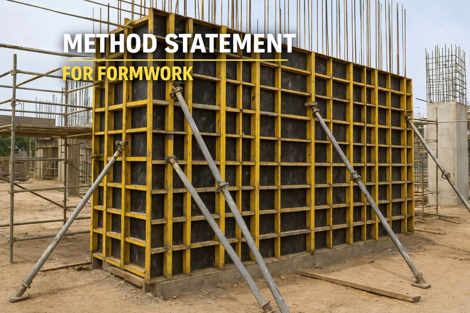 Method statement for formwork showing shuttering panels, bracing supports, and reinforcement at a reinforced concrete construction site.