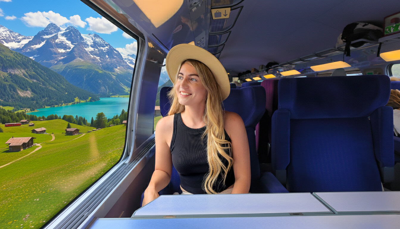 woman on a train looking out to a scenic Mountain View