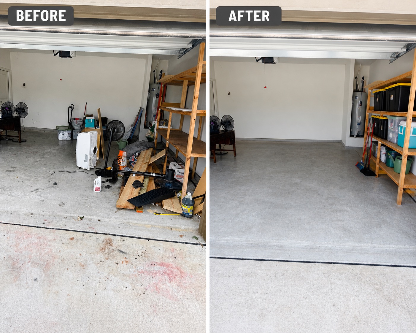 Before and after photos of a garage cleanout completed by CJ's Junk Removal