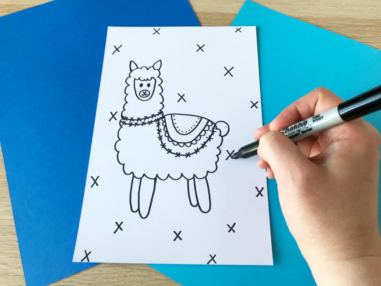Start by drawing the eye and mouth of your llama in pencil. Llama Directed Drawing Fun365