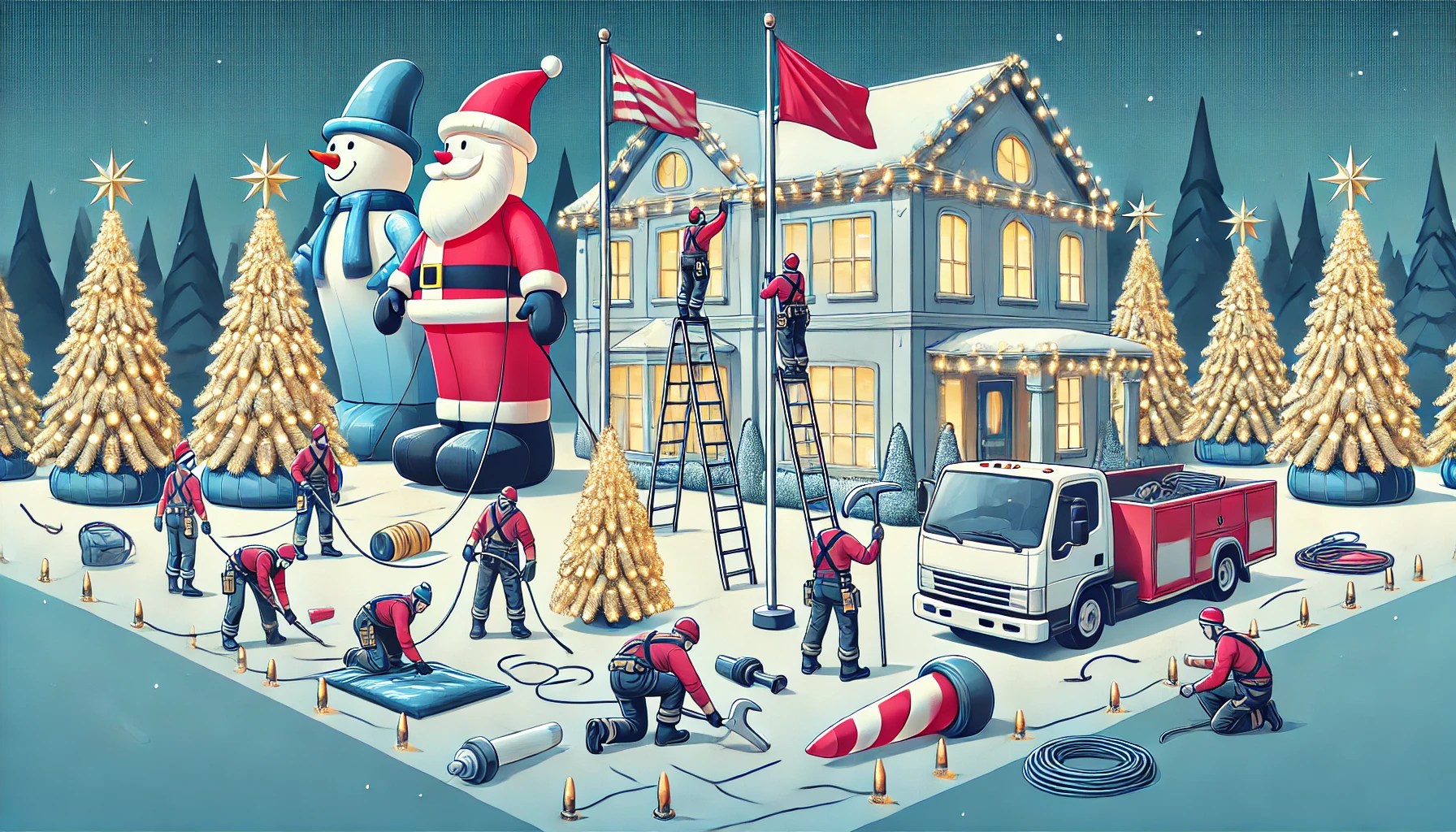 A professional team installing a large outdoor Christmas display securely