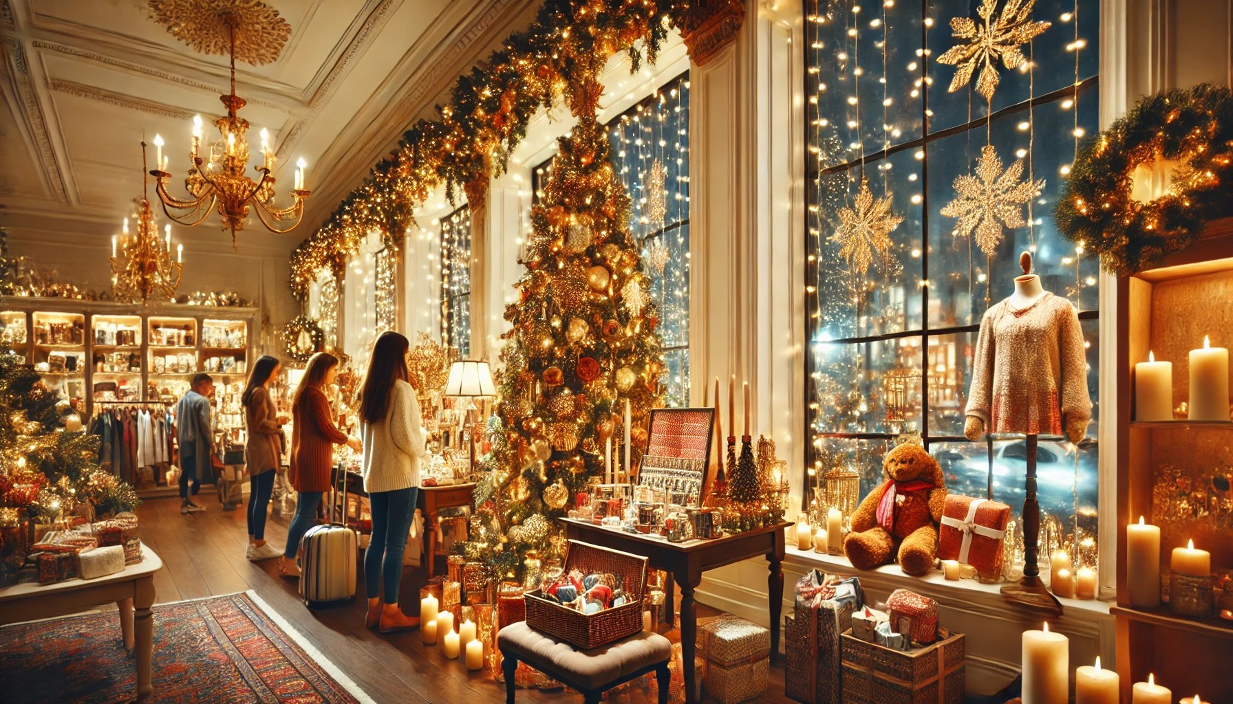 A retail store decorated with glowing lights and festive displays, creating an inviting holiday atmosphere.