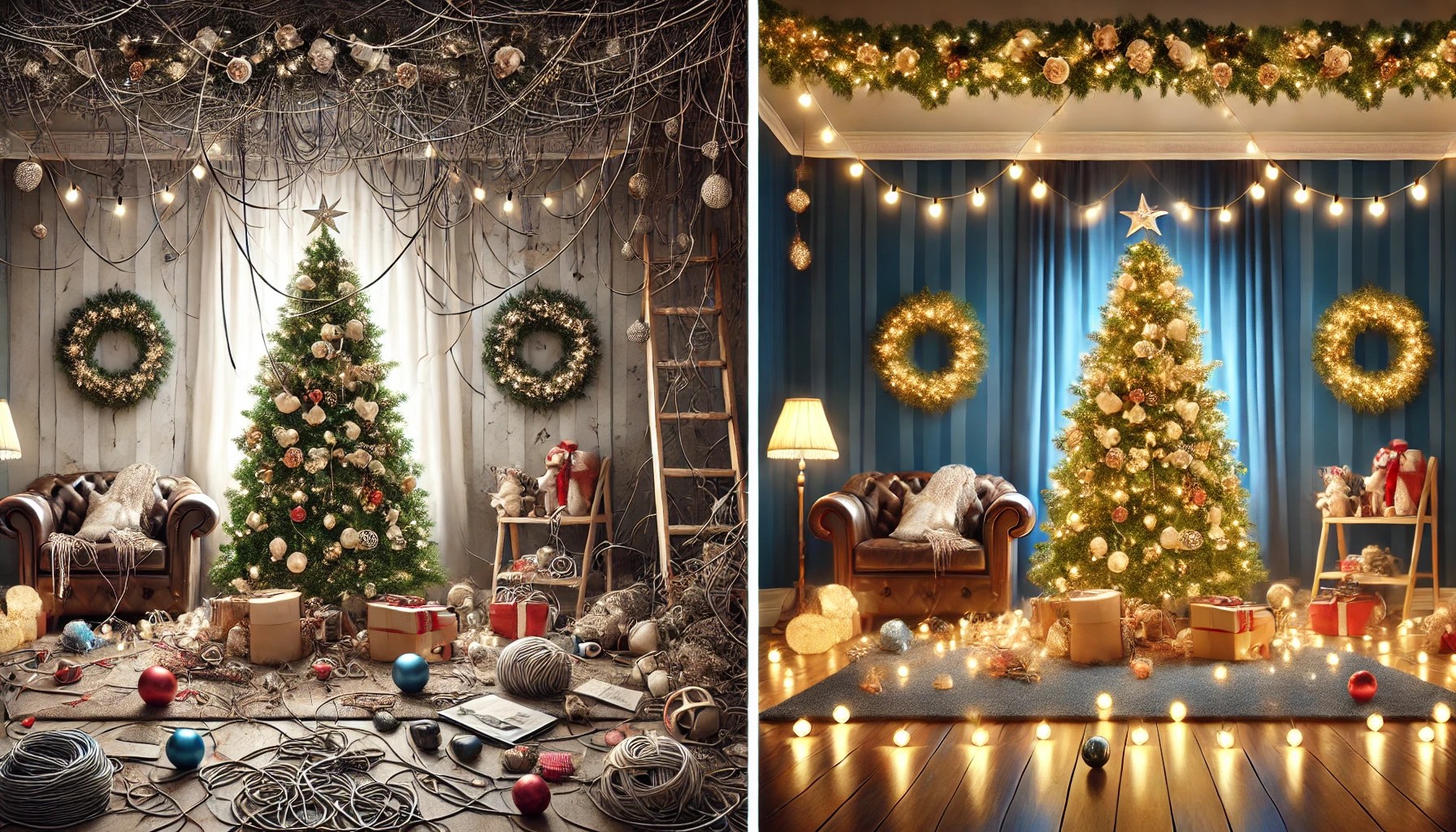 a DIY Christmas decoration attempt with a professionally decorated festive space, showcasing the difference in quality and sophistication