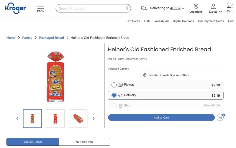 A loaf of bread available for delivery online at Kroger