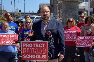 IMG_1093 Chair of the Montgomery County Democratic Party Charles Uffelman speaking at the press conference opposing school vouchers on March 29, 2024. (Jeff Matthews)