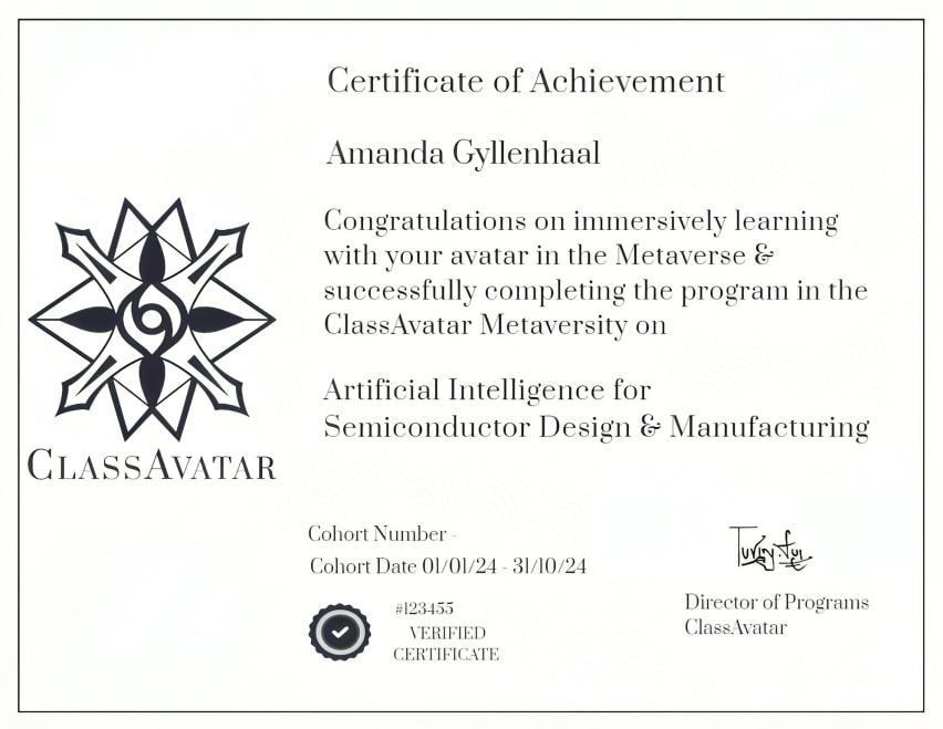 Image of Certificate of Program on Artificial Intelligence for Semiconductor Design and Manufacturing on ClassAvatar Website Metaversity