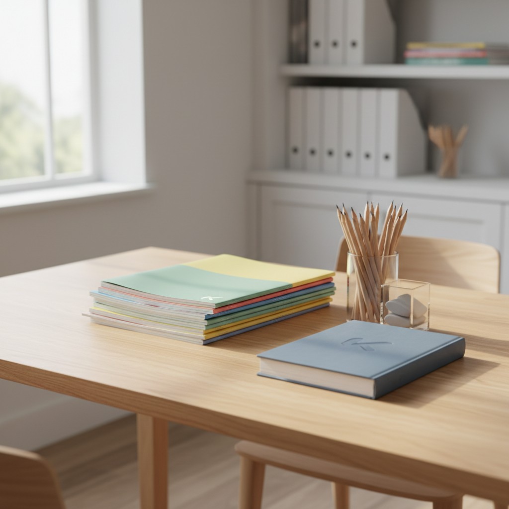 An interior photo of a light wood desk with some books, colored folders and pencils in a glass on the desk alone, other wh...