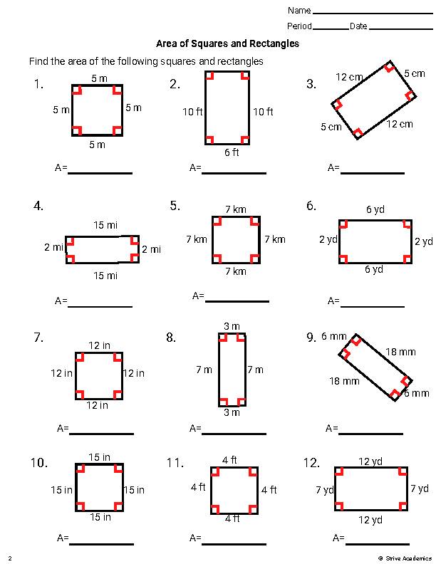 Area of squares and rectangles worksheet