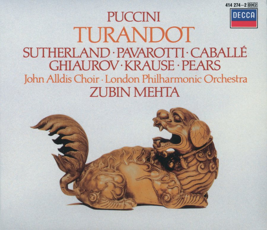 Joan Sutherland (Turandot), Luciano Pavarotti (Calaf), Montserrat Caballé (Liù), Nicolai Ghiaurov (Timur), Tom Krause (Ping), Pier Francesco Poli (Pang), Piero De Palma (Pong), Peter Pears (L'imperatore Altoum), Sabin Markov (Un mandarino)London Philharmonic Orchestra, John Alldis Choir, Zubin...