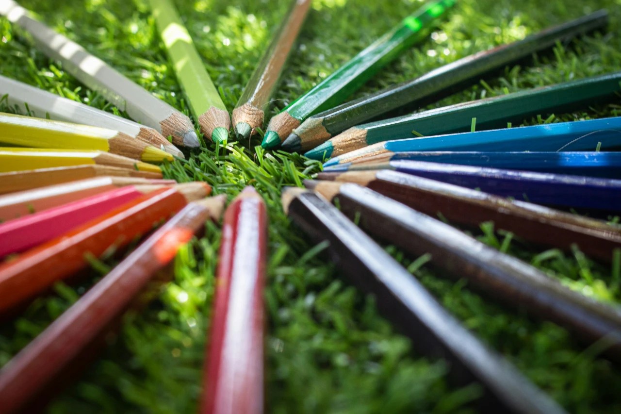 Back to School Colored pencils arranged in a circle on the grass