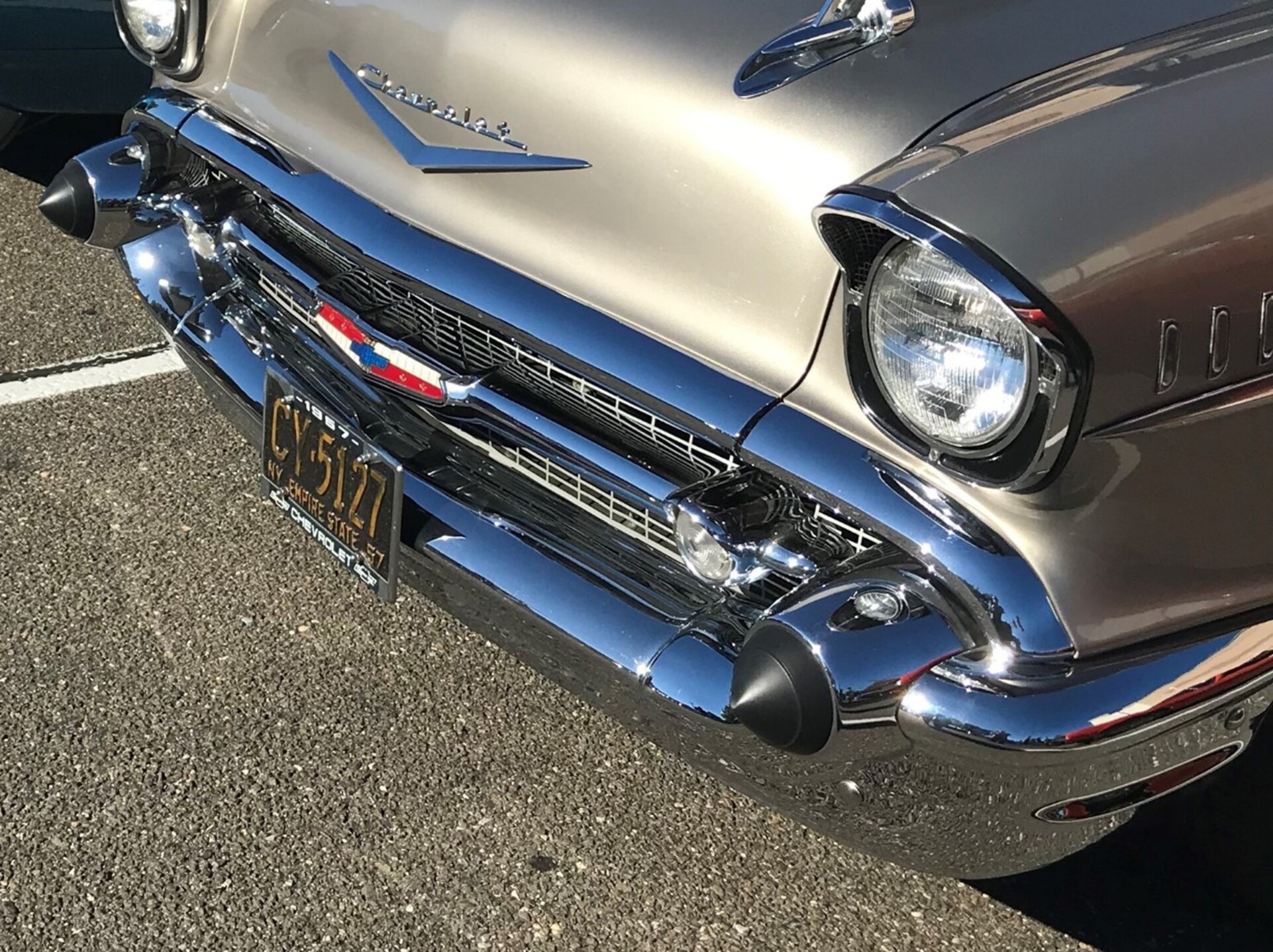 Front chrome bumper on 55 Chevy