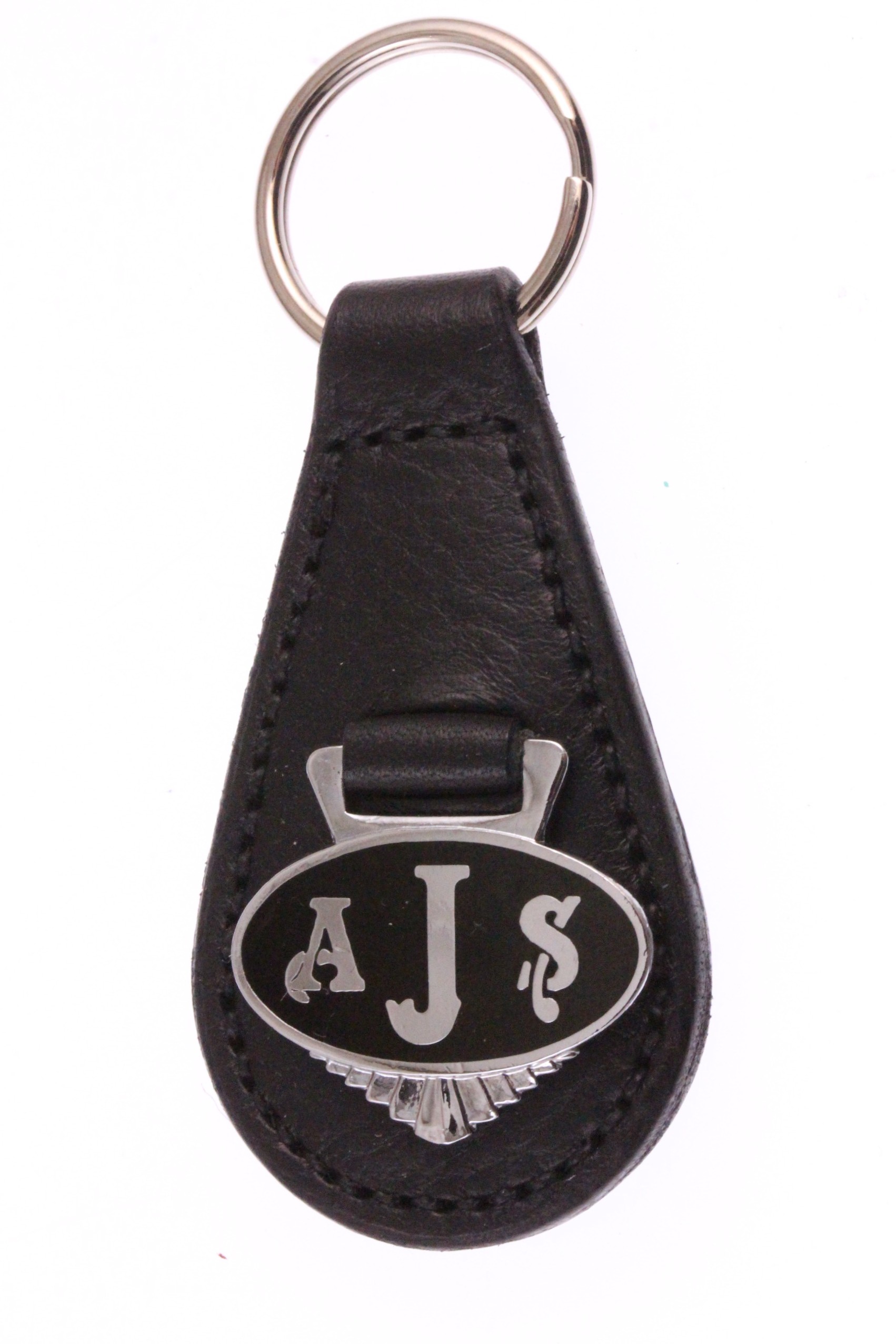 AJS -original early 1970s black vitreous enamel badge remounted onto a new leather keyfob