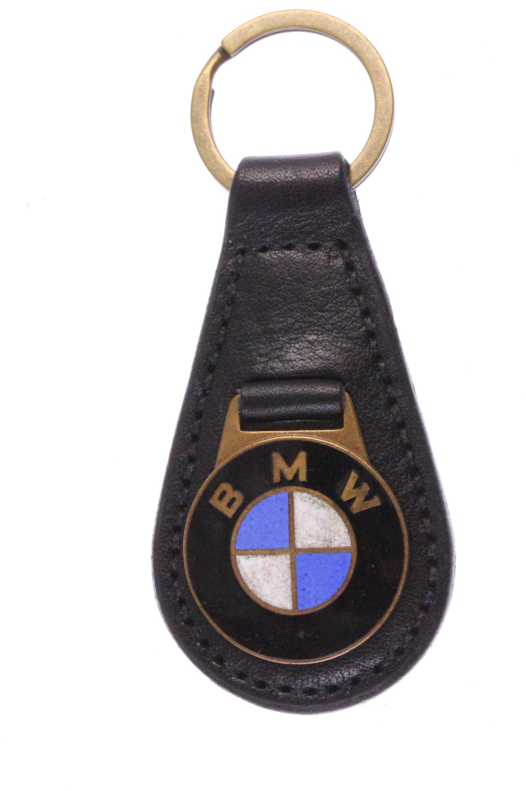 BMW - original 1970s vitreous enamel on gilt badge ( aged & patinated ) remounted onto a new leather keyfob