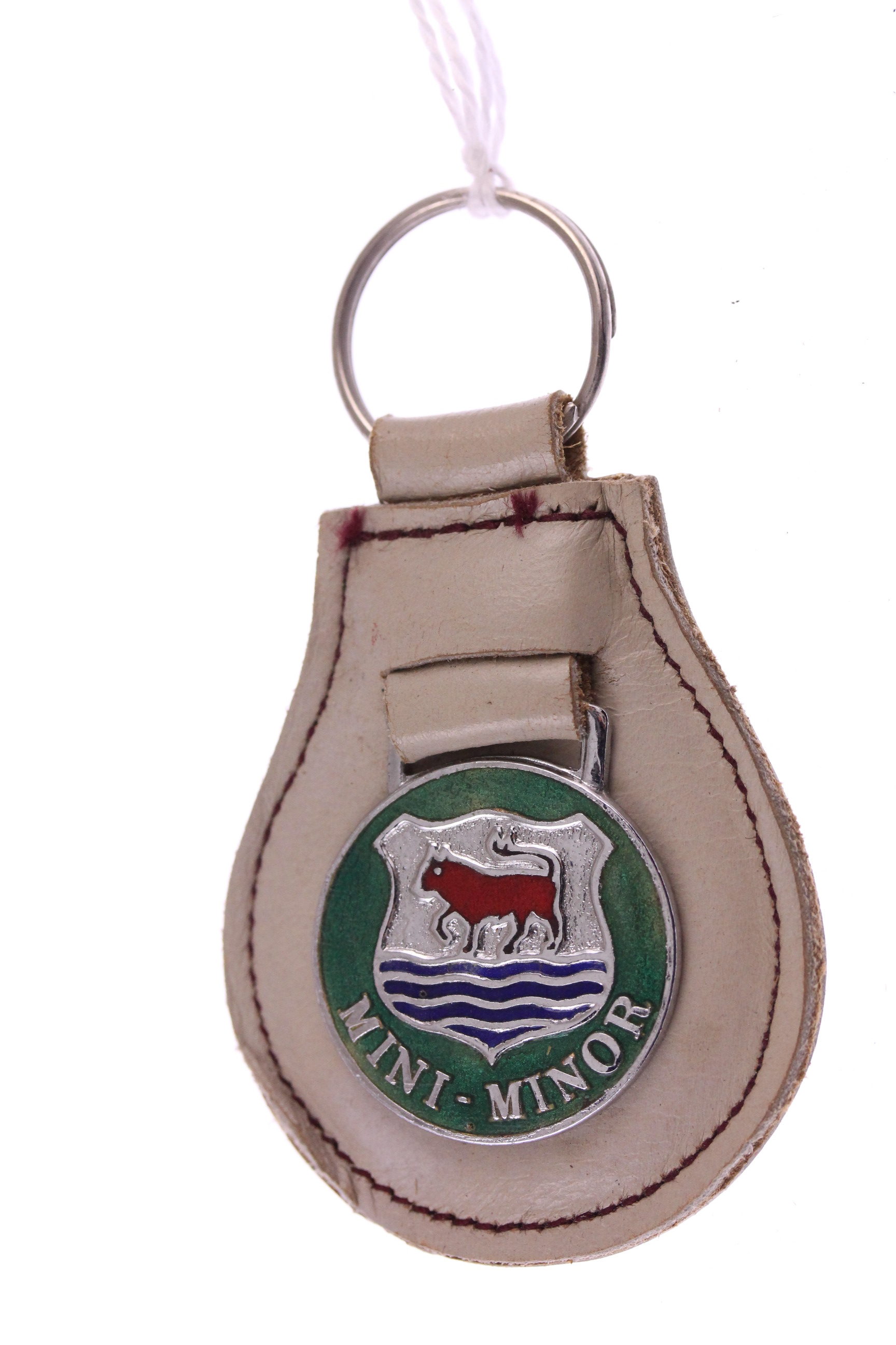 Morris Mini-Minor - original vintage late 1950s/ early 1960s new old stock Avon Cliff keyring with beige leather keyfob & burgundy stitching - collector's item
