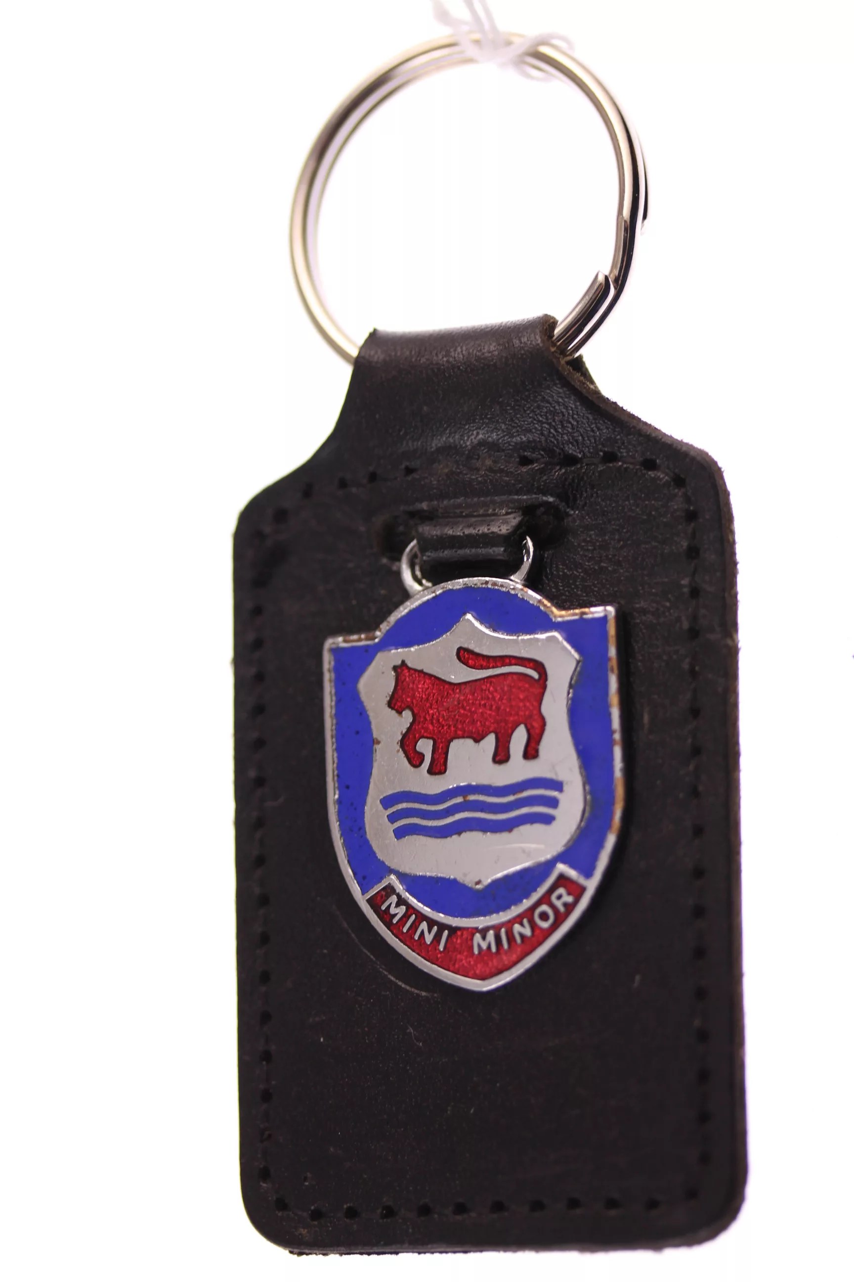 Morris Mini Minor - original late 1950s badge mounted onto a 1970s? leather keyfob