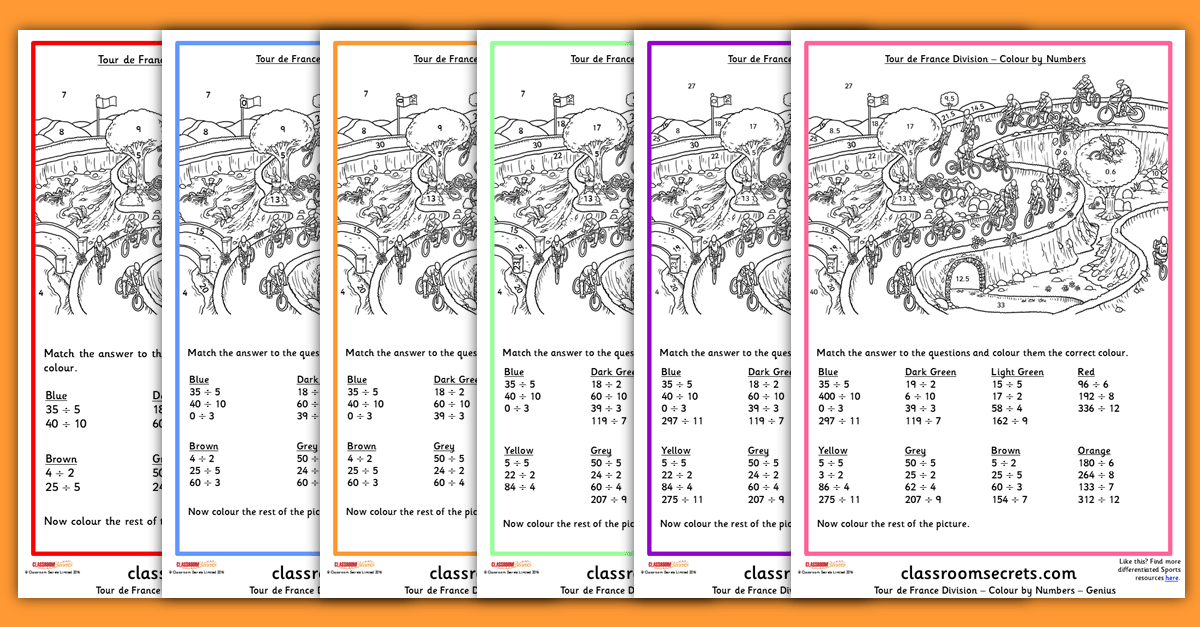tour de france ks2 division worksheets colour by numbers classroom secrets