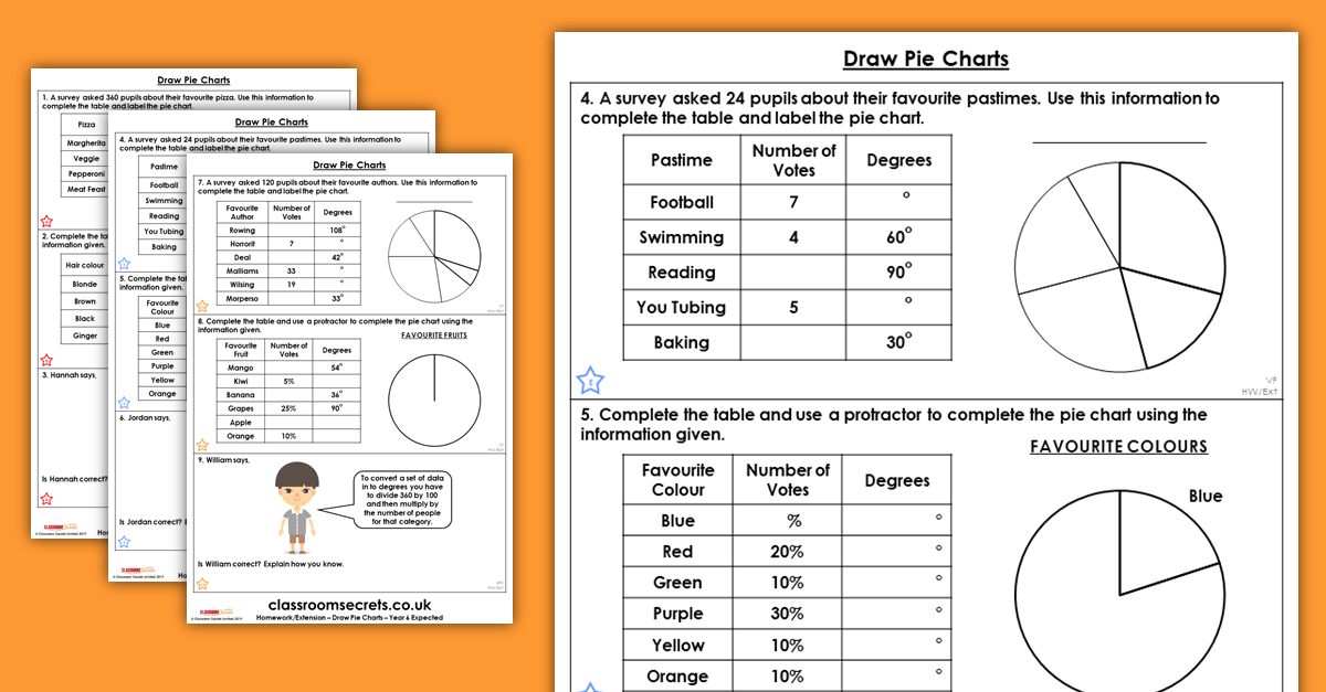 draw pie charts homework extension year 6 statistics classroom secrets
